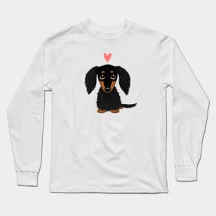 Black and Tan Longhaired Dachshund Cartoon Dog with Heart Long Sleeve T-Shirt